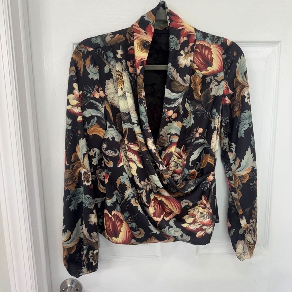 Tahari Black Floral Print Draped Surplice Blouse Long Sleeve Wrap Top XS NWT